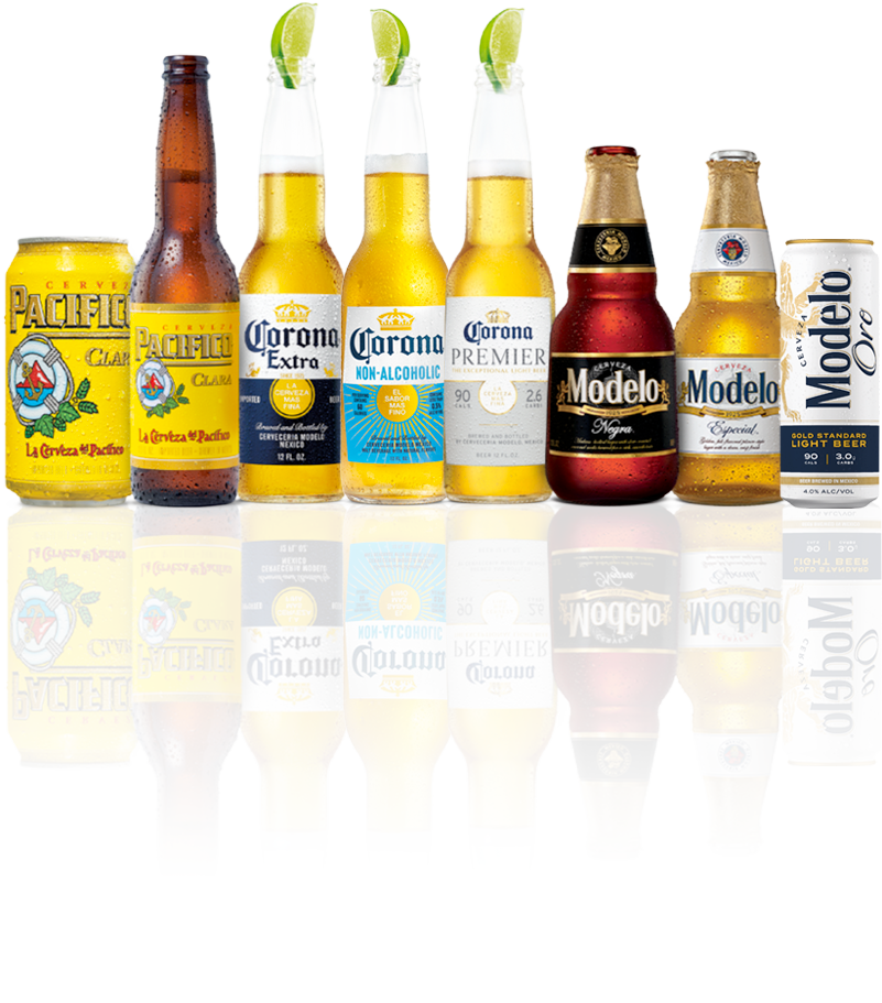 Pacifico, Corona, and Modelo bottles